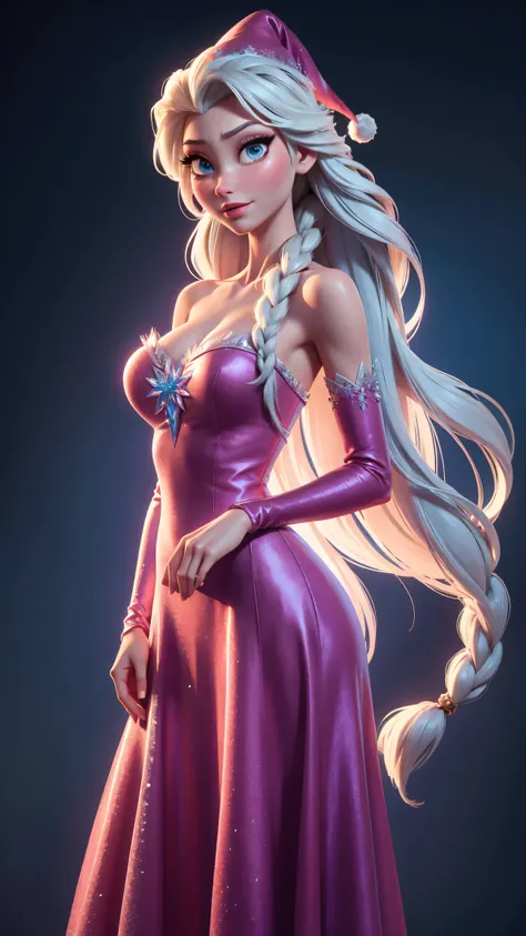 Generate an realistic image of Elsa from Frozen, real character Frozen elsa, dressed in modern fashion for a New Years . HDR 8K texture dress, visual render Elsa, Elsa should be wearing a red, delicate long dress , along with a New Years santa hat. The dre...