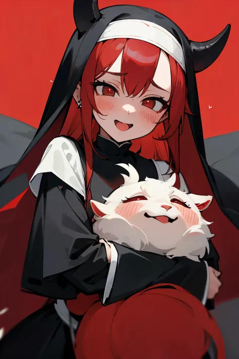 Love in the eyes, long red hair, red pupils, blushing, Cute, wide open mouth, show tongue, rolling eyes, black nun outfit, goat horn, black earring
