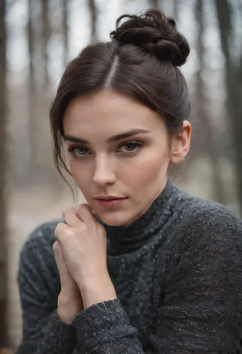 A brunette woman with dark brown hair, hair up in top bun. Sus ojos son profundos y negros, Unraveling an unfathomable mystery. On the left wrist