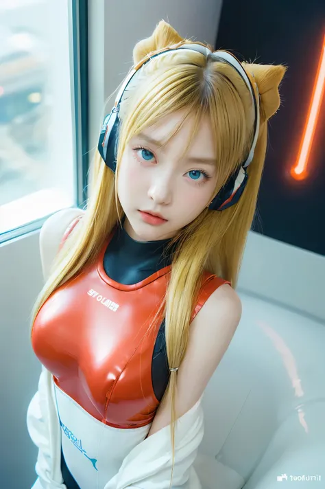 (Overhead view),dynamic angle,ultra-detailed, illustration, close-up, straight on, 1girl, 
 ((souryuu asuka langley, interface headset, red bodysuit:1.4, blonde)),Her eyes shone like dreamy stars,(glowing eyes:1.233),(beautiful and detailed eyes:1.1),(expr...