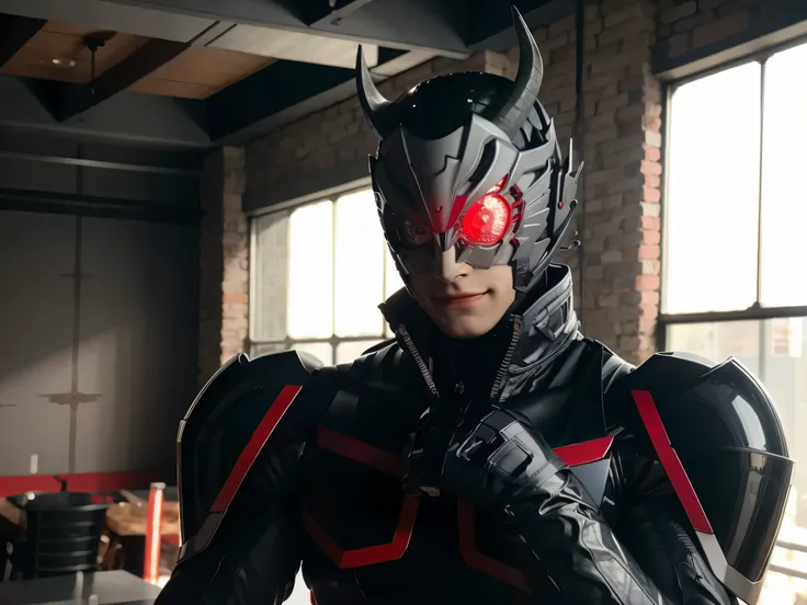 (extremely detailed CG), (best quality), male focus, 1boy, muscular, biceps, , ArkOne,gloves,black bodysuit,bodysuit,rider belt, armor,belt, horns, shoulder armor, side view, looking at viewer,evil smile,helmet,mask, clenched hands, indoors, glowing red ey...