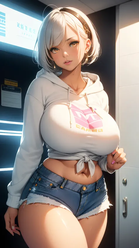 Big round breasts ((beautiful and beautiful woman in her 30s)) (short light silver hair, tied with ribbon, long side bangs covering the eye, hair clip, beautiful earrings), beautiful detailed yellow eyes, double eyelids, detailed iris, light effect on the ...