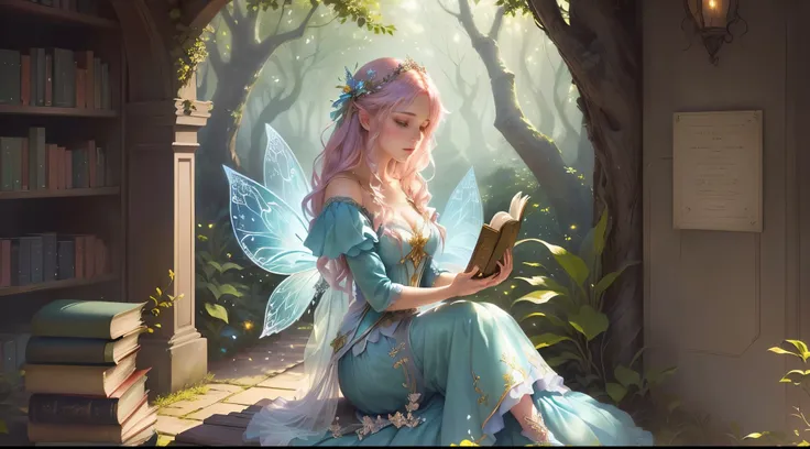 there is a woman sitting on a bench reading a book, beautiful adult book fairy, portrait of a fairy, fairy aesthetics, beautiful fairy, beautiful fantasy art, fantasy art style, portrait of fairy, fantasy fairytale story, realistic fantasy illustration, et...