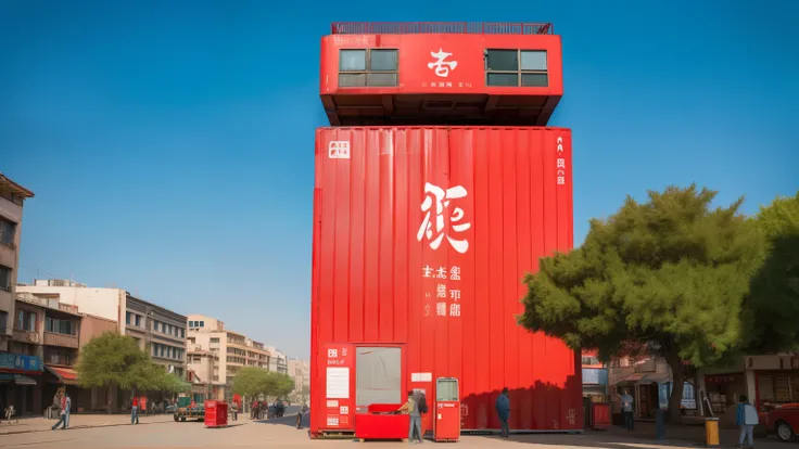 a big red crane lifting giant soda can from a giant red box in the middle of green city, striking architecture, red crane, blue skies, people looking at the big red box.
