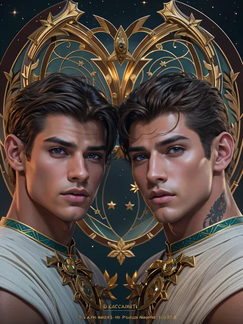 (photorealistic, ultra realistic, masterpiece:1.2, detailed face, best quality, DSLR, RAW, highres, 4k), Fantasy art style, imagine the zodiac sign Gemini depicted through captivating male twin models with dualistic auras. Their sexy opposing appearances a...