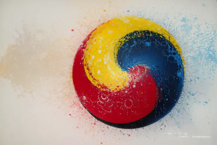 painting of a red, yellow and blue ball on a white surface, red yellow blue, primary colors, swirly, primary colours, paint swirls and phyllotaxis, whirly, inspired by Joan Miró, swirling, swirling around, color ( sony a 7 r iv, spiraling, inspired by Dela...