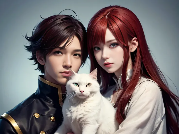 anime character with red hair holding a white cat in front of a bush, a character portrait by Yang J, pixiv contest winner, furry art, handsome guy in demon slayer art, delicate androgynous prince, artwork in the style of guweiz, beautiful androgynous prin...