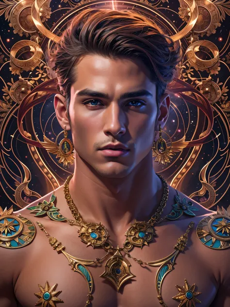 (photorealistic, ultra realistic, masterpiece:1.2, detailed face, best quality, DSLR, RAW, highres, 4k), Fantasy art style, imagine the zodiac sign Gemini depicted through captivating male twin models with dualistic auras. Their sexy opposing appearances a...