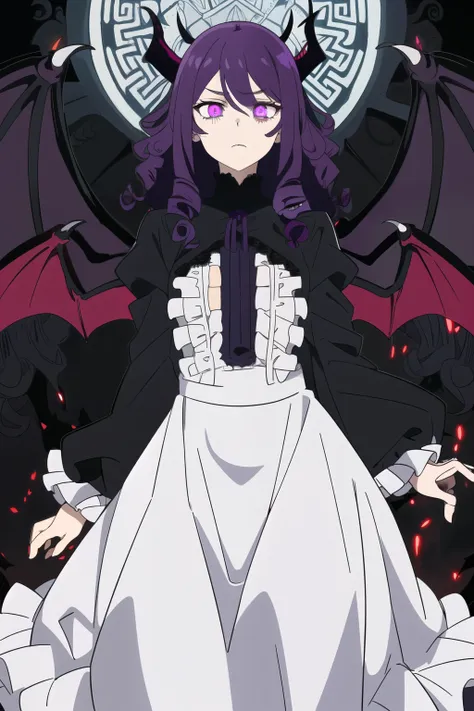 (masterpiece), 1girl, beautiful, demonic, purple hair, ((demon), curvy, medium chest, ((curly hair)), long flowy hair, flowy, frills, lace, long dress, glowing eyes, purple eyes, girl, demonic wings, multiple wings, demonic background, demonic dark clothin...