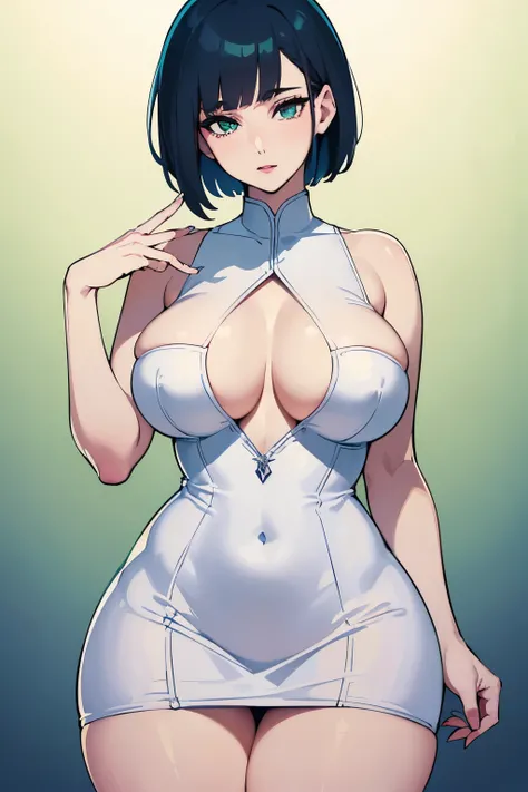 Picture of (Selena:1.2), European, pale skin, (curvy body:1.1), wearing a (very short tight white dress:1.1), (lewd style dress:1.1), (detailed face and eyes:1.2), (short blue hair:1.1), bob cut, (green eyes:1.1), 28 years old, (detailed hand and finger:1....