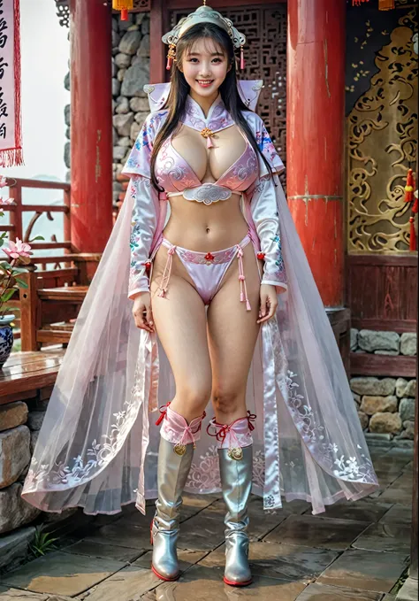 She looks like a very shy girl, Sweet smile, full body xianxia, Chinese Hanfu, sexy red bikini，High-cut bra，red underwear，Long-legged girl，Put on your boots，pink boots，Huge breasts，Put on your hat，fantasy服装, Put on the priest&#39;s cloak, Black cloak all o...