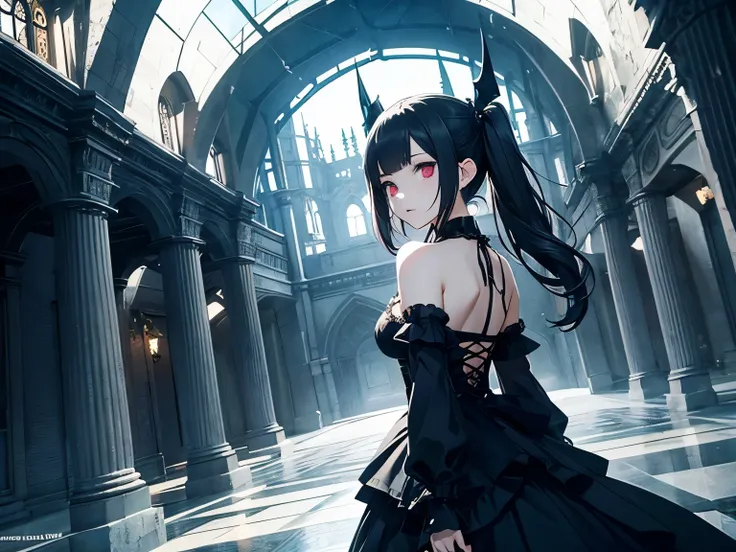 captivating scene featuring a cute anime-style gothic girl with distinctive features, set against the backdrop of hell&#39;s wonderland. She will have black hair tied in a ponytail., single eyelids, e com capuz, abafado, profundo, olhos cativantes de uma i...