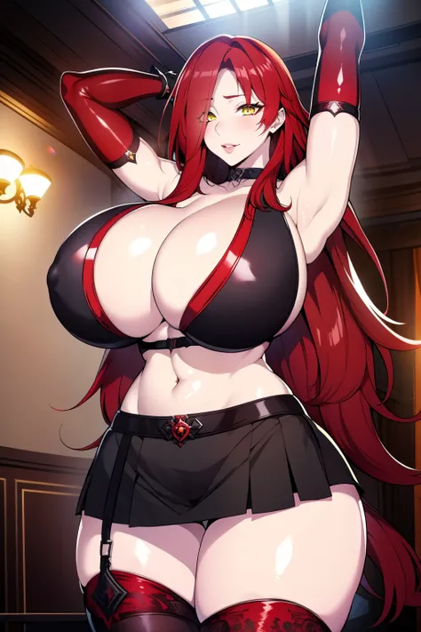 An anime-style artwork depicting astaroth from the game taimanin.

Tags: defAstaroth, hair over one eye, (black skirt suit:1.1), cleavage, pencil skirt, miniskirt,curvy, thighs, higheels, shiny clothes, skin tight, elbow gloves, anime, detailed eyes, detai...