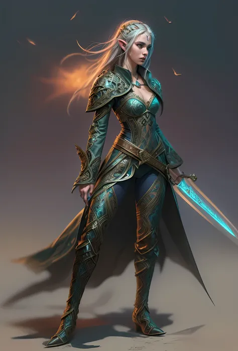 speedpainting a picture of a female elf (intense details, Masterpiece, best quality: 1.5) fantasy swashbuckler, fantasy fencer, armed with a slim sword, shinning sword, metallic shine, colorful clothes, dynamic clothing, an ultra wide shot, full body (inte...