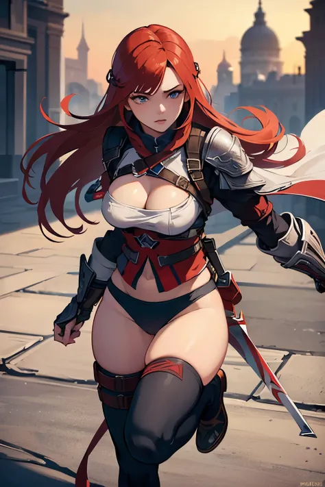 18yo, (Irish redhead) in an (skimpy Assassin’s Creed outfit:1.2), (grasping her breasts), full lips, full body, (beautiful body), (detailed face and eyes:1.2), (detailed hair), majestic, (perfect body), intricate, (heavy breasts), (hyper realistic), bokeh,...