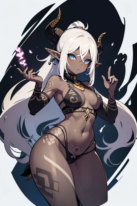 (Elf woman), (coal black skin:1.2), (perfect detailed finger and hand:1.2), (silver eyes:1.1), (detailed breasts and stomach:1.2), (perfect anatomy), (wide hips:1.1), (slim weist:1.1), (bubbles ass), (thick thighs:1.1), dynamic long (white hair) in (topkno...