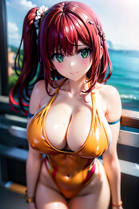 best quality, masterpiece, extremely detailed CG, official art , professional lighting, (sakimiyairuka), one side up, green scrunchie, hair ornament, red hair, green eyes, perfect face, gleaming skin, groin, sweat,(leotard), Standing in honor, gym, 