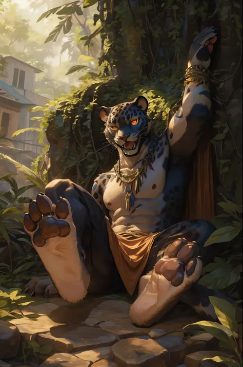 (((Barefoot furry character, full body, cinematic setting, furry male, plantigrade))) 

Curare depicted as stealthy and agile ((panther)) anthro with sleek black fur and piercing amber eyes. Clad in tribal-inspired attire with dart motifs symbolizing curar...