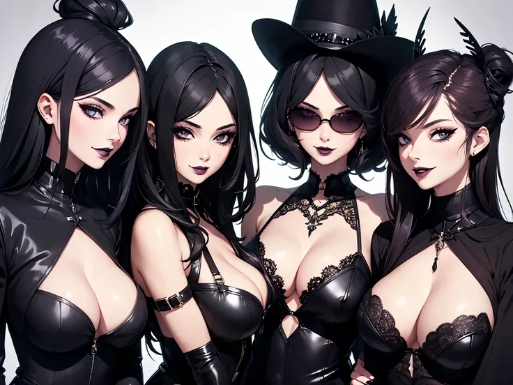 three sexy women in goth outfits, flirtatious smiles, on bed, flirtatious smiles, close up faces portrait, sunglasses, black lipstick, various hair