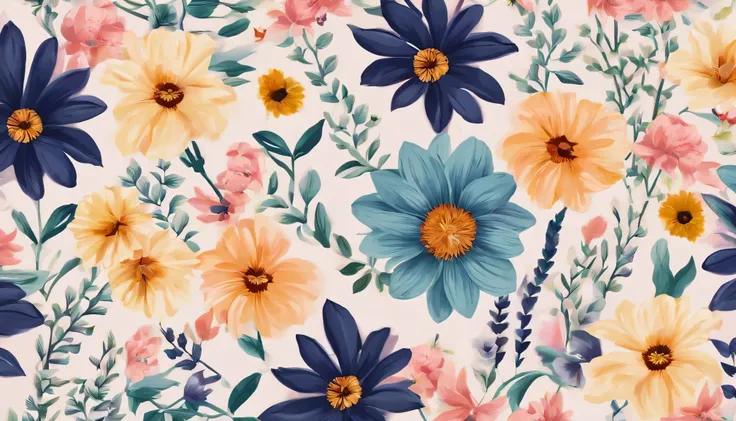 summer flower pattern, use rich color palette. variety of diferent flower, Detailed background，Complements the flowers，