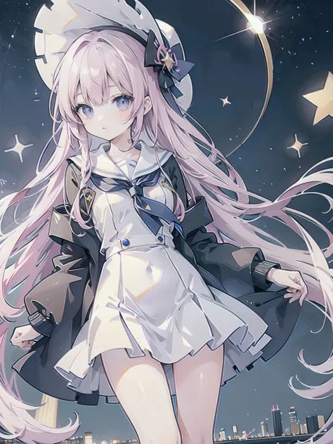 A girl standing on the rooftop of a high-rise building overlooking Yokohama late at night、A high school student wearing a white and black sailor uniform with a pale pink ribbon、She wears a large witch&#39;s hat with a small sapphire accessory.、A few star c...