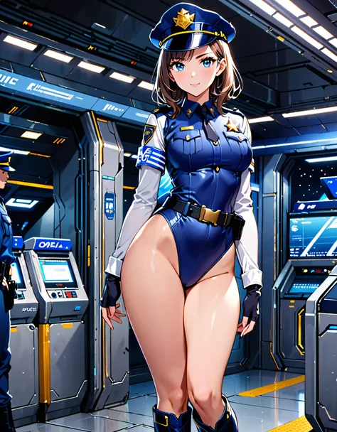 (masterpiece), (best quality), (high res),1girl, tall body, beautiful detailed eyes, beautiful detailed face, cute face, perfect hands, complete fingers, perfect anatomy, perfect proportions, ((hat, dark blue police hat)), ((leotard, matching leotard, bare...