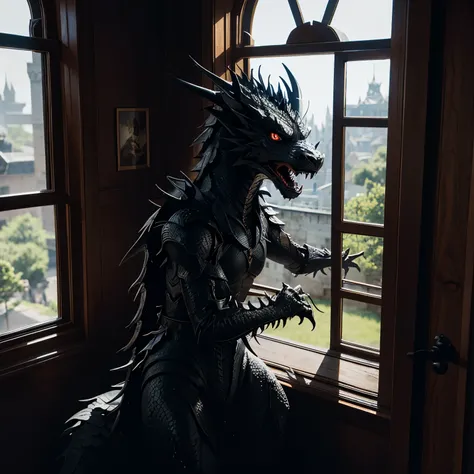 Black dragon coming out of a castle window 