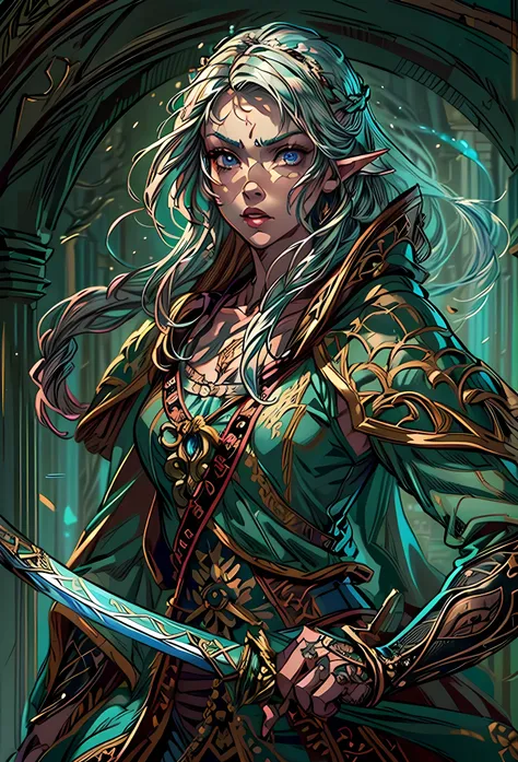 speedpainting a picture of a female elf (intense details, Masterpiece, best quality: 1.5) fantasy swashbuckler, fantasy fencer, armed with a slim sword, shinning sword, metallic shine, colorful clothes, dynamic clothing, an ultra wide shot, full body (inte...