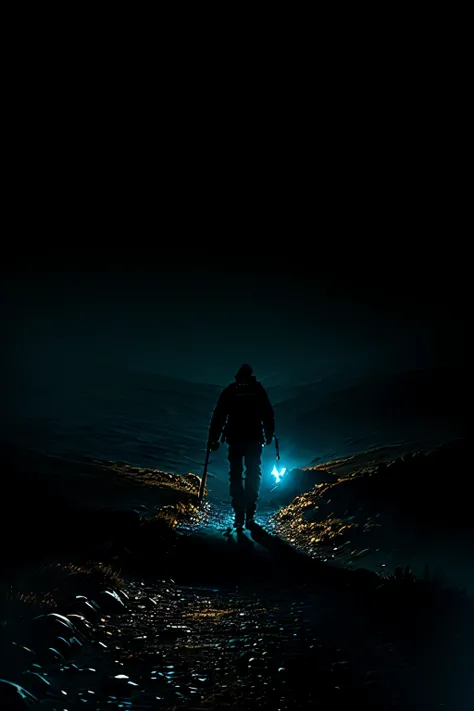 Man in Determined Stride, Dark and Gritty Journey, Challenging Obstacles, Solitary Figure, Torch in Hand, Midnight Blue Background, Thorny Brush, Rugged Terrain, Brooding Expressioon, Sweat Dripping, Muddy Boots, Grimaced Face, Desolate Landscape, Distant ...