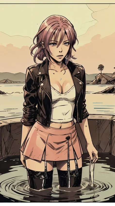 An anime woman with colored hair,leather jacket, skirt, stockings, drowning posing in the middle of bog, depraved, caught, sinking, sweat, blushed