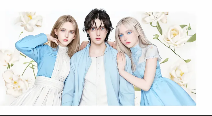 3 people, a guy in the middle with blue eyes and black hair, girl with light blue eyes and light brown hair on the right, a girl with light blue eyes and flaxen hair on the left