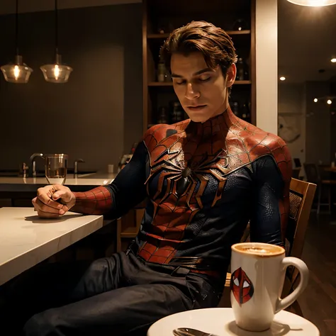 Spiderman having a coffee 