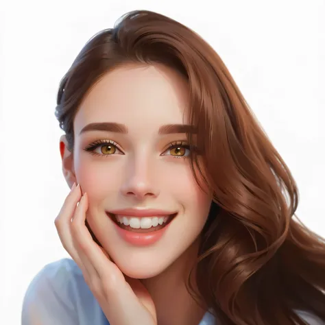 there is a woman with long brown hair smiling and holding without hand on face, nails painted red, realistic cute girl painting, cartoon digital painting, high quality portrait, realistic digital illustration, realistic digital painting, realistic artstyle...