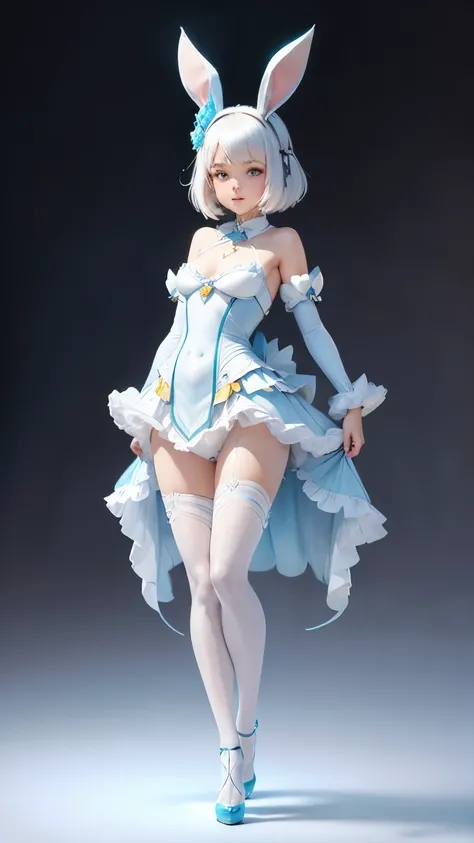 White gradient background ( girl Full body :1.7) (  girl:1.7) (beautiful detailed light blue eyes),，1个small Breast Girl，anatomy correct，Rabbit-shaped headdress，short detailed hair，ssmile，Rabbit-shape costume , Show off your panties ,pantyhose ,detailed str...