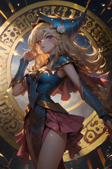 Dark magician gils vestida como la diosa arena de Saint Seiya. Vestido blanco, ajustado, blanco. Cabello rubio. Ojos azules. Labios rojos. Cuerpo completo. Fondo de Athena. Pose sensual y inocente. Magic circle around you. Magic of the heart in the air.