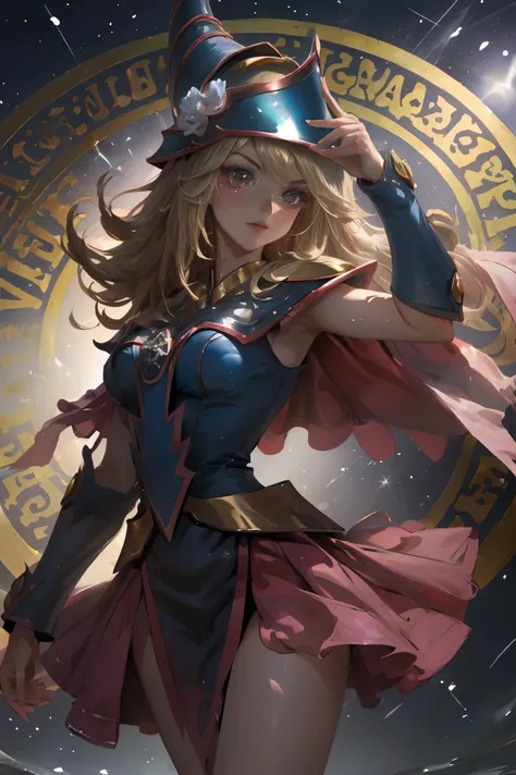 Dark magician gils vestida como la diosa arena de Saint Seiya. Vestido blanco, ajustado, blanco. Cabello rubio. Ojos azules. Labios rojos. Cuerpo completo. Fondo de Athena. Pose sensual y inocente. Magic circle around you. Magic of the heart in the air. 