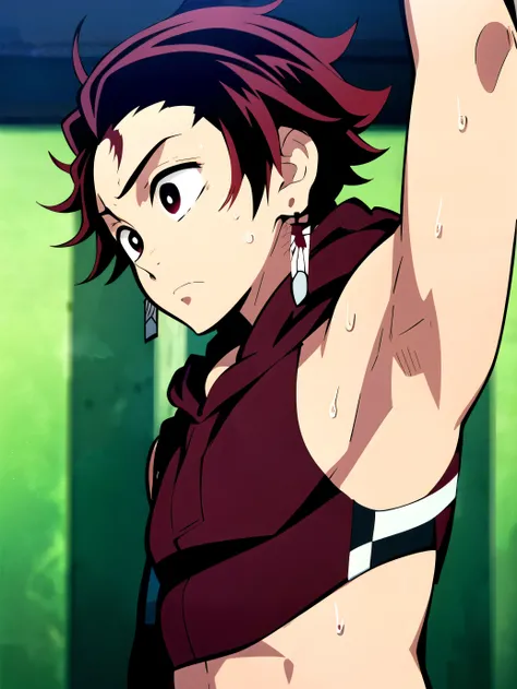 Highres, Masterpiece, Best quality at best,Best Quality,hight quality, hight detailed, 1boy, Tanjirou, Red hair, Earring, Shota, Sleeveless hoodie, Sweat, Slim body, Depth of field, (Showing armpit:1.3), Seen from front, (young boy), 12-year-old boys