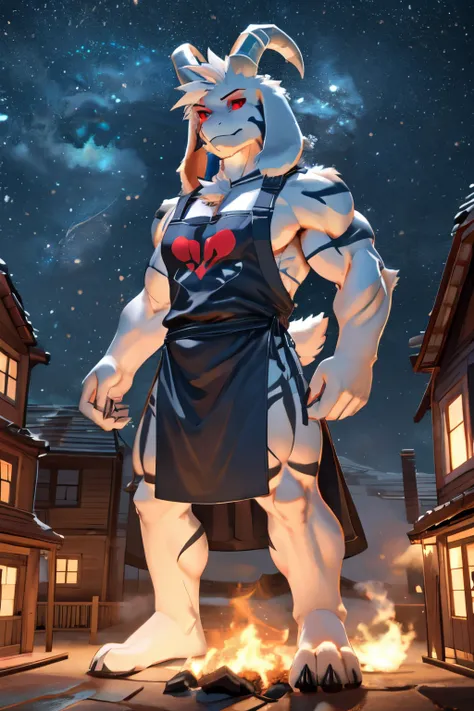 ((best quality)), ((masterpiece)), (detailed), (full body), asriel, muscular, macro, wearing an apron, red eyes, being evil