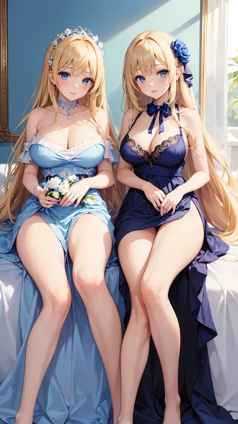 ((highest quality、High resolution、masterpiece))、(((2girls))), Portrait、A beautiful woman、Perfect body、beautiful ample breasts、Long blonde、bangs、Blue and white、Embellished blue sexy dress、No panties、Embarrassed、(((I&#39;ll lift my skirt and show you my puss...