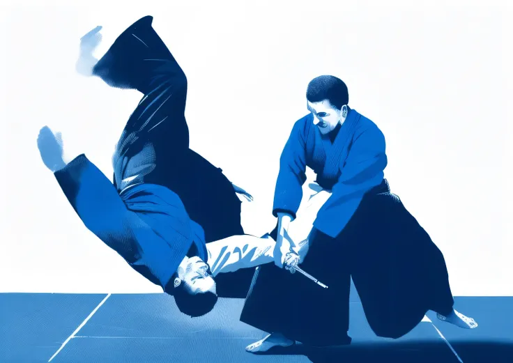 A blue monochrome vector style image of two mans with japanese cloth practice aikido