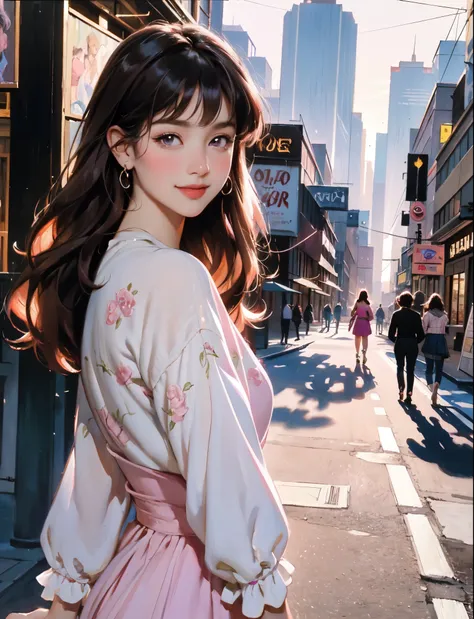 Oil painting, large brushstrokes, inspired by 1980’s movie poster, dream woman, (strolling through city), looking over shoulder, (pink purple) stylish, mature female, /(long dark hair/) bangs, blush, gentle smile, knowing look, (masterpiece best quality:1....