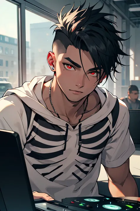 ((Best quality)), ((masterpiece)), (detailed), perfect face guy DJ,a skeleton,red-eyed,shaved scales,Undercut,black hairstyle,in a sweatshirt