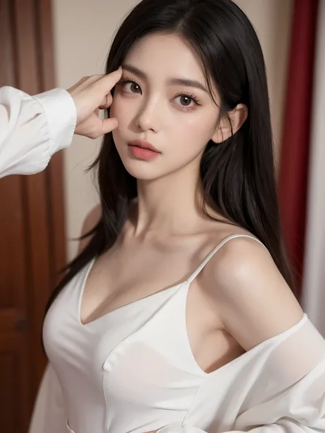 Kim jennie con el cabello negro oscuro, con rulos en las puntas del cabello negro oscuro, con un ganchito de estrella en el cabello negro oscuro, ojos de color claro, ojos bonitos, ojos llorosos, nariz bonita y respingada, labios bonitos, labios rosas, hea...