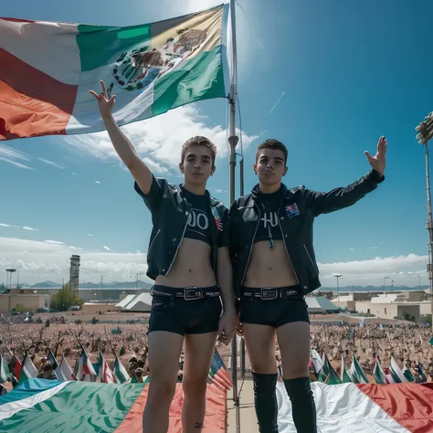 Electronic music album cover with 2 teenage men waving at you and facing the flags of Mexico and Argentina 