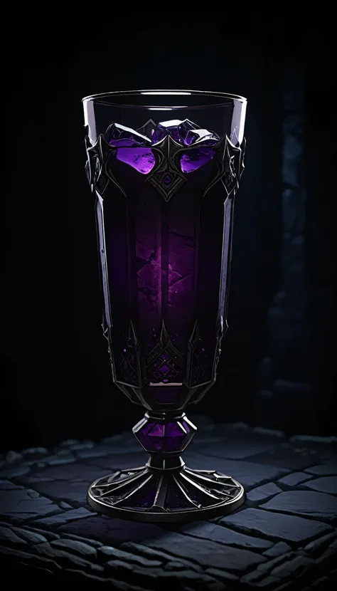 (((darkest dungeon style))), ((darkest dungeon item)), item art, rough faceted glass, pale clear glass, glossy glass, dark purple juice, dark purple juice with impurities, dark background, (dark lighting), many shadows, cold lights, highly detailed, extrem...