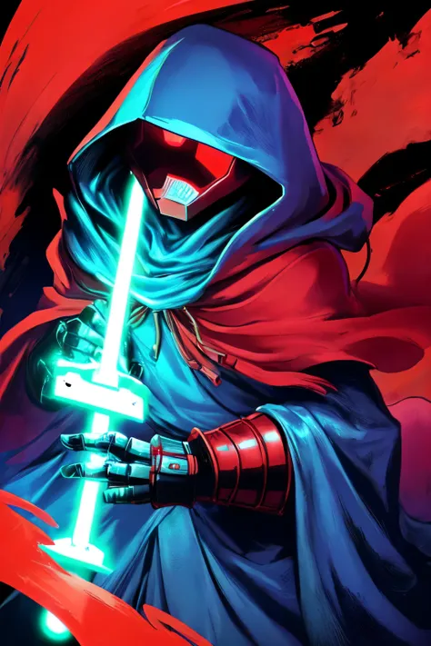 Главный герой Hyper Light Drifter(Red cloak and hood) in semi-heavy medieval armor and a red lightsaber in his left hand, and in the right there is a plasma pistol, blue glowing armor elements. Dark blue background