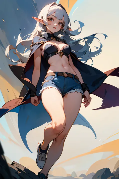 straight angle young beautiful little elf vampire with long ashen hair light open dark top denim shorts rag shoes without fasteners beautiful slightly open breasts breasts of the second size without a cape full height in excellent quality