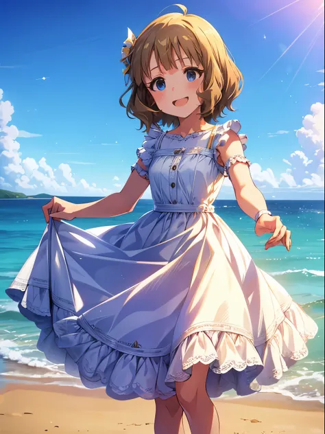 momoko suou (million live), 1 girl, Solo, Cute Girl,Best Quality, Ultra-detailed, 8K, High resolution, detailed face, sun dress, white dress, frilled dress, lacy dress, sandals, gentle smile, on the beach, strong right:1.2,
