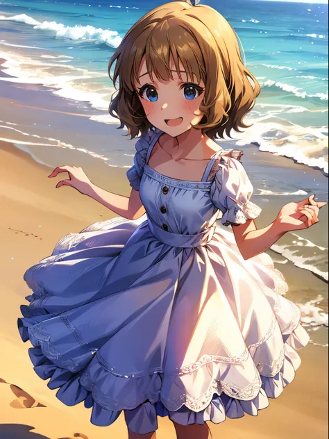 momoko suou (million live), 1 girl, Solo, Cute Girl,Best Quality, Ultra-detailed, 8K, High resolution, detailed face, sun dress, white dress, frilled dress, lacy dress, sandals, gentle smile, on the beach, strong right:1.2,