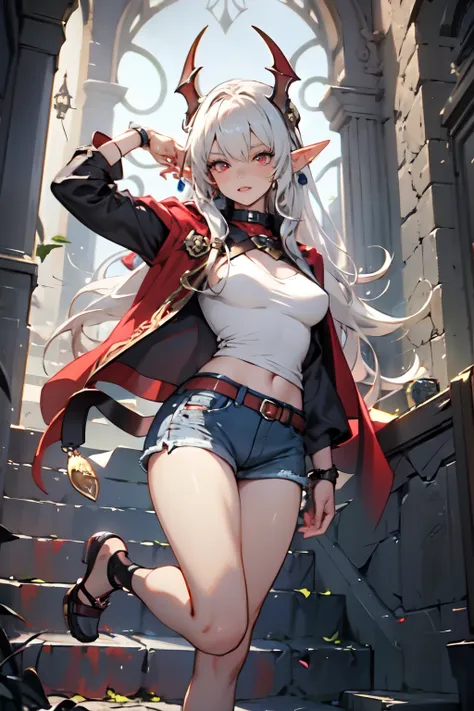 straight angle young beautiful little elf vampire with long ash hair red eyes light open dark top denim shorts rag shoes without fasteners beautiful slightly open breasts breasts of the second size without a cape full height in excellent quality